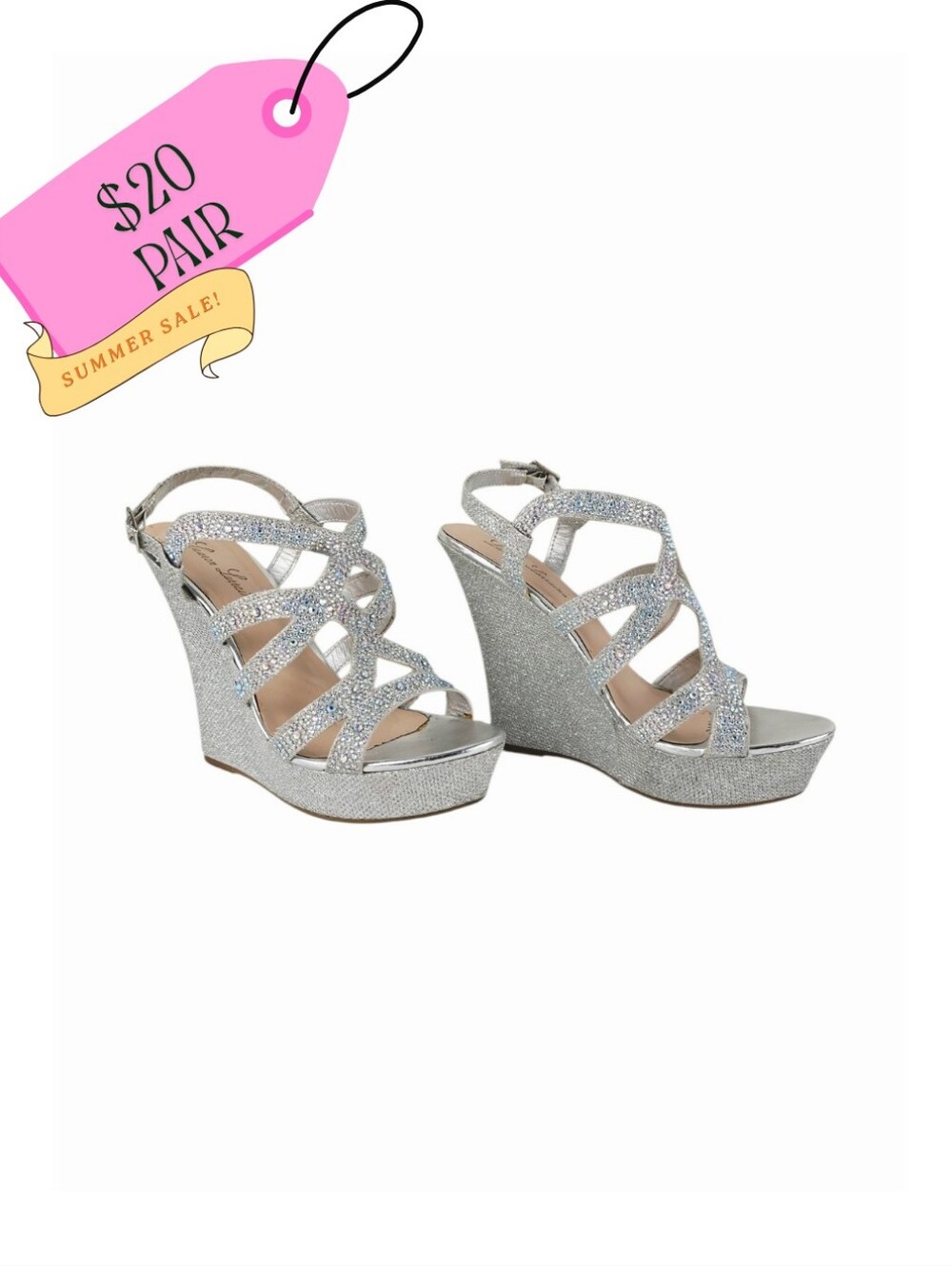 Lauren Lorraine Silver Rhinestone Wedge Sandals